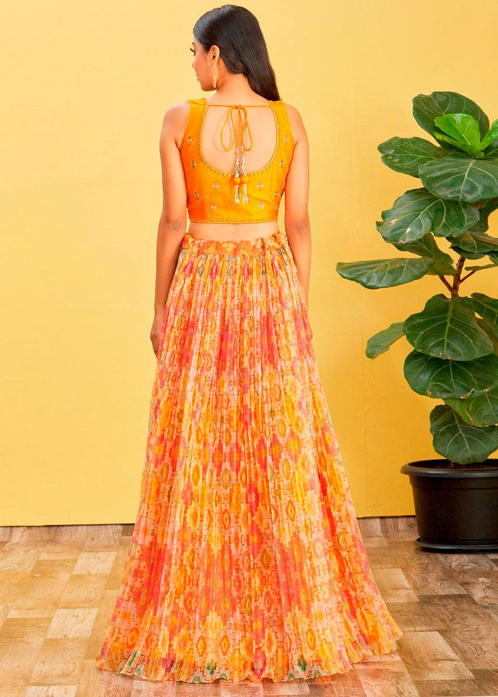 Shades Of Yellow Digital Printed Organza Lehenga with Thread,Zari & Sequins Work - qivii