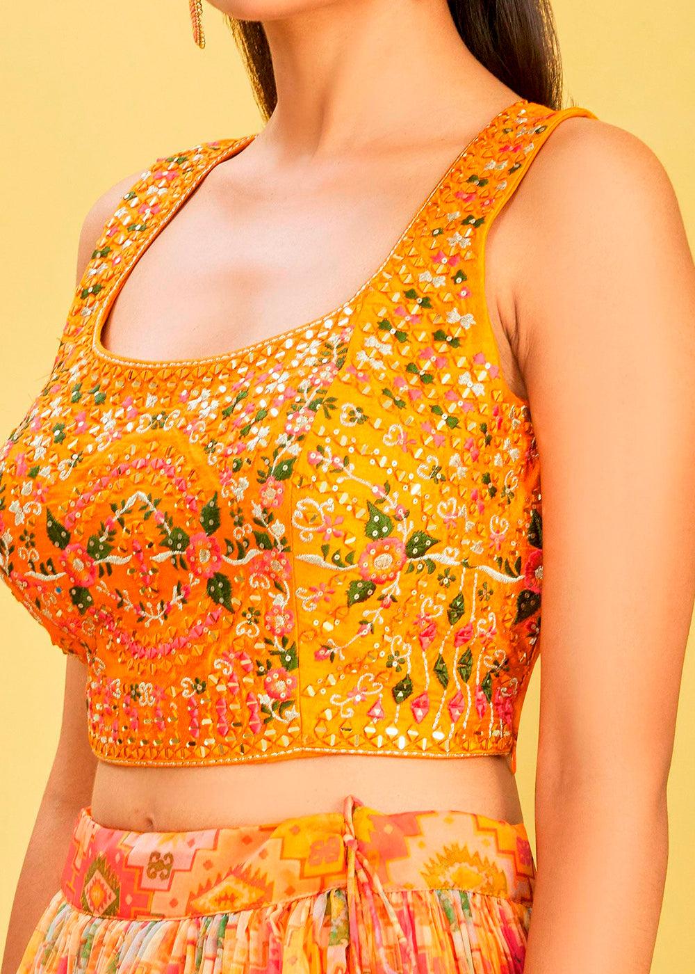 Shades Of Yellow Digital Printed Organza Lehenga with Thread,Zari & Sequins Work - qivii