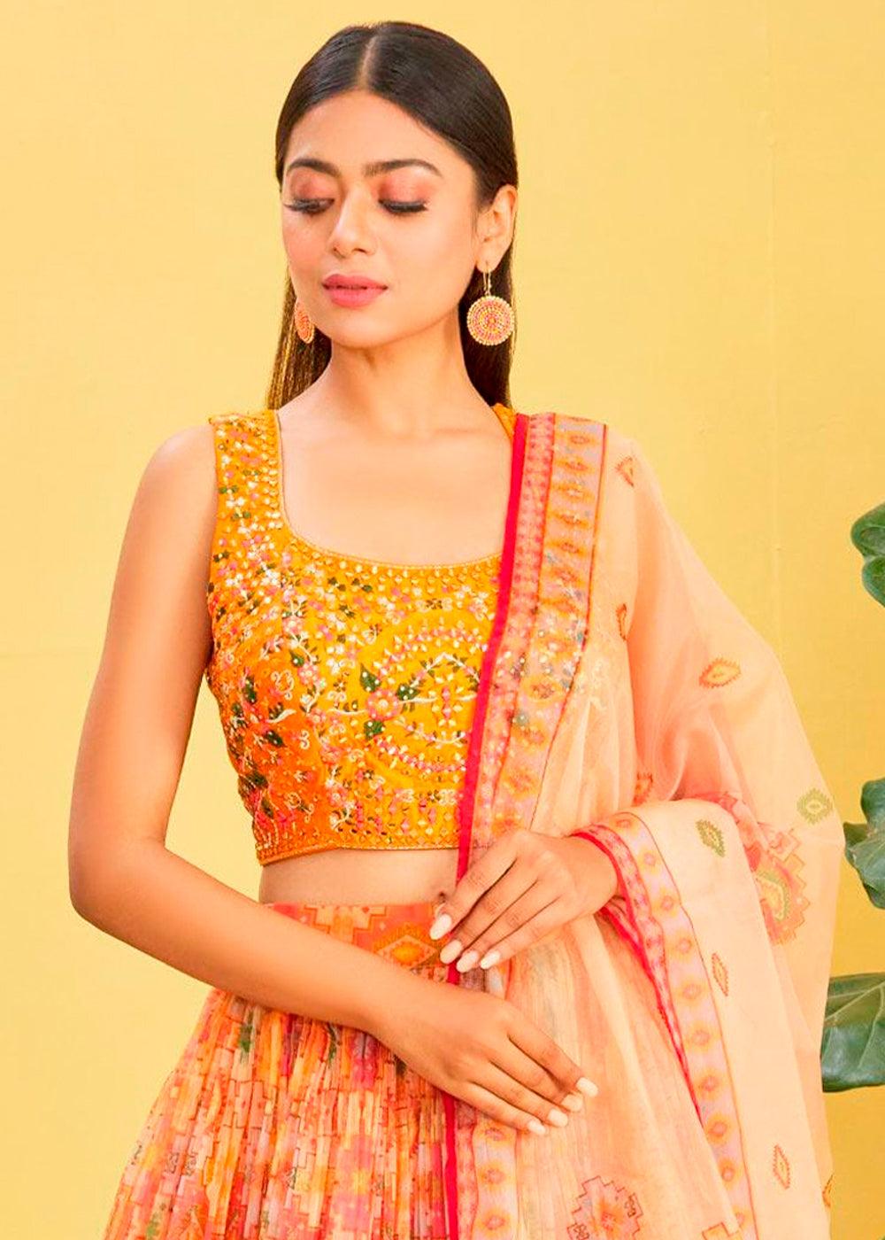 Shades Of Yellow Digital Printed Organza Lehenga with Thread,Zari & Sequins Work - qivii