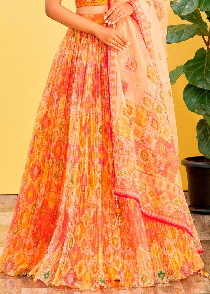 Shades Of Yellow Digital Printed Organza Lehenga with Thread,Zari & Sequins Work - qivii