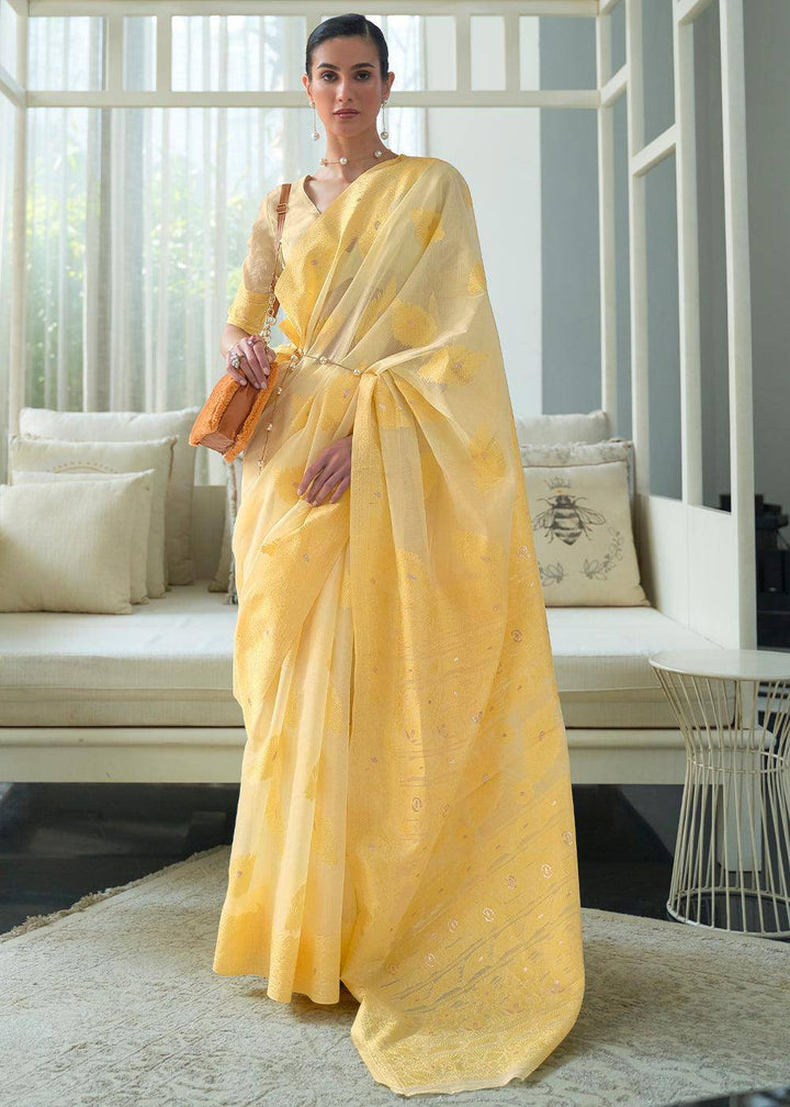 Shades Of Yellow Lucknowi Chikankari Weaving Silk Saree | Stitched Blouse - qivii