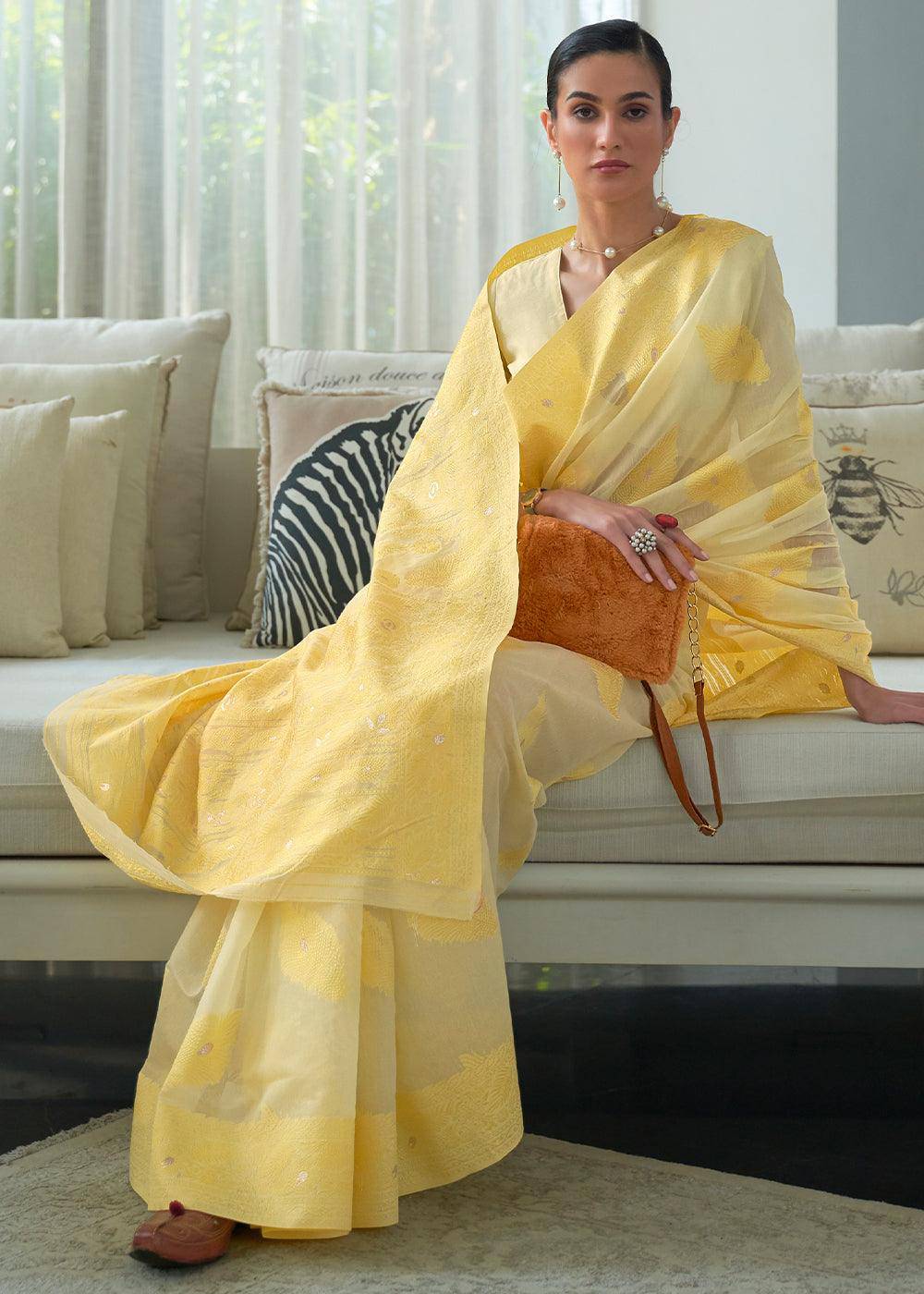 Shades Of Yellow Lucknowi Chikankari Weaving Silk Saree | Stitched Blouse - qivii