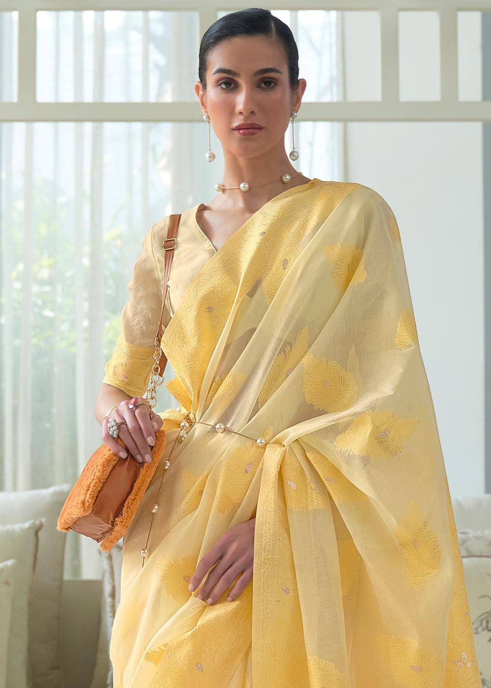 Shades Of Yellow Lucknowi Chikankari Weaving Silk Saree | Stitched Blouse - qivii