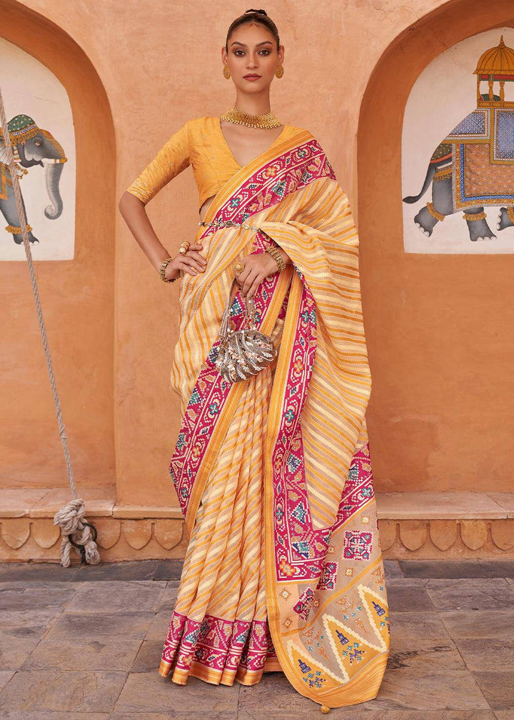 Shades Of Yellow Patola Printed Tissue Silk Saree with Designer Blouse | Stitched Blouse - qivii