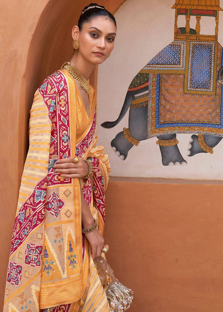 Shades Of Yellow Patola Printed Tissue Silk Saree with Designer Blouse | Stitched Blouse - qivii