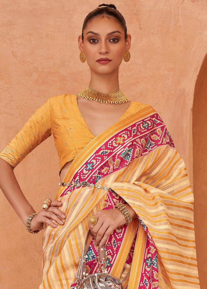 Shades Of Yellow Patola Printed Tissue Silk Saree with Designer Blouse | Stitched Blouse - qivii