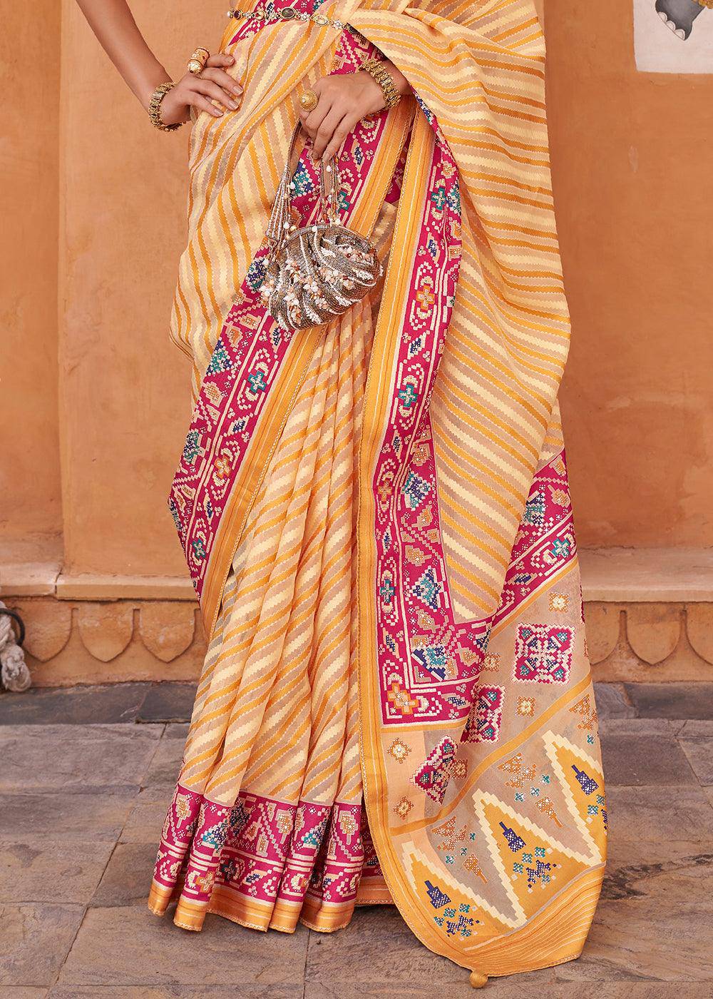 Shades Of Yellow Patola Printed Tissue Silk Saree with Designer Blouse | Stitched Blouse - qivii