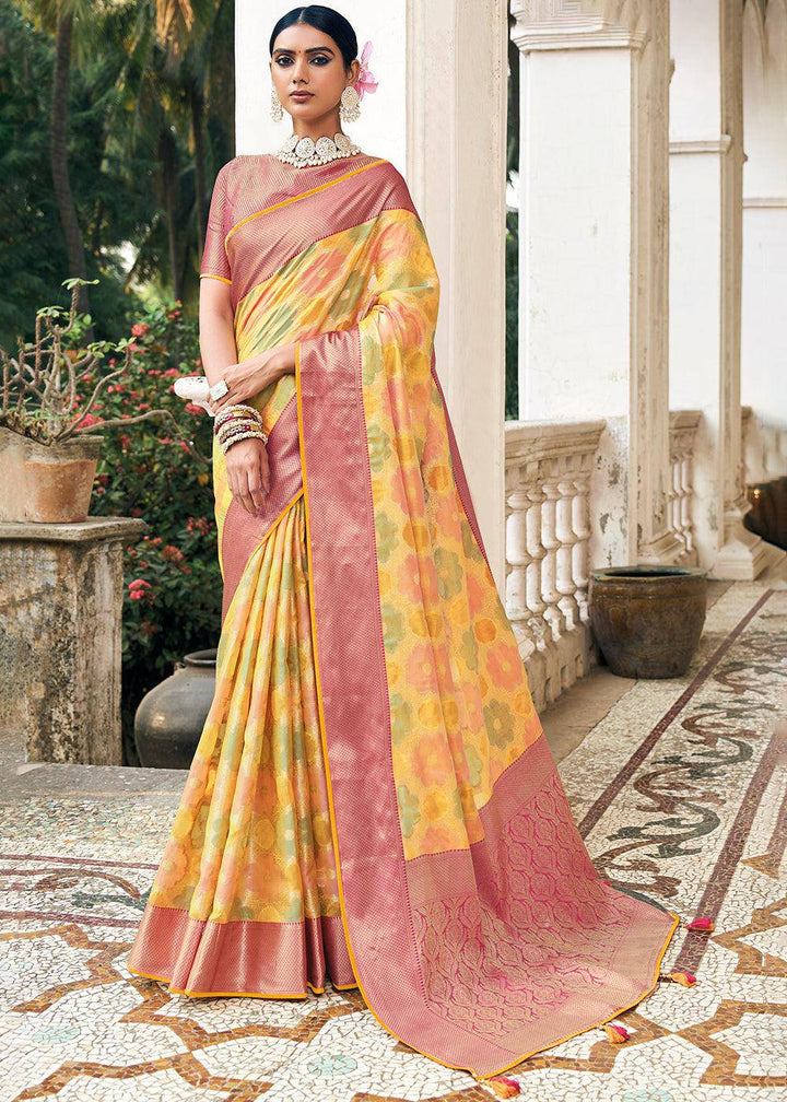 Shades Of Yellow Zari Woven Organza Silk Saree | Stitched Blouse - qivii