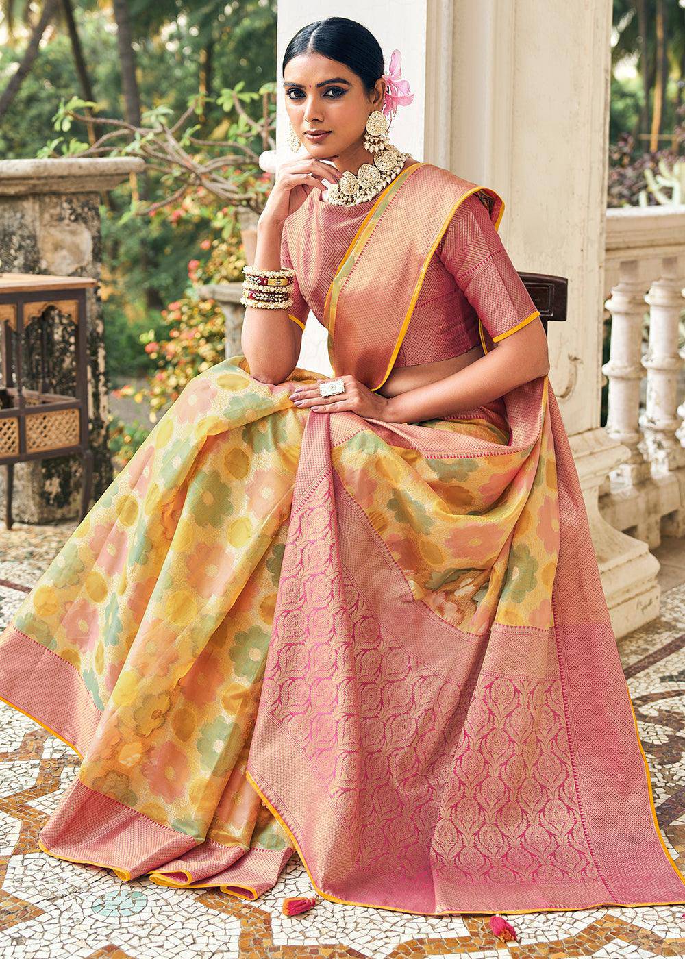 Shades Of Yellow Zari Woven Organza Silk Saree | Stitched Blouse - qivii