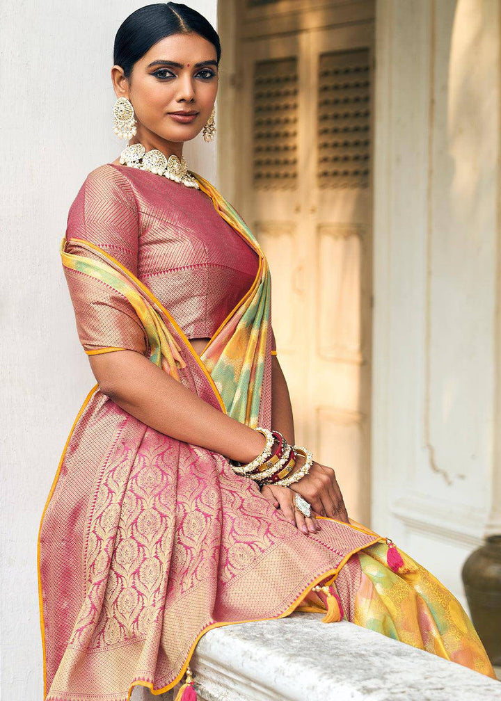 Shades Of Yellow Zari Woven Organza Silk Saree | Stitched Blouse - qivii