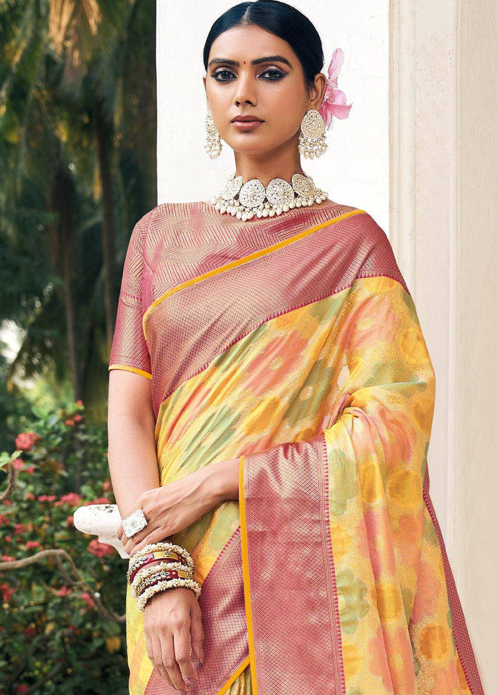 Shades Of Yellow Zari Woven Organza Silk Saree | Stitched Blouse - qivii