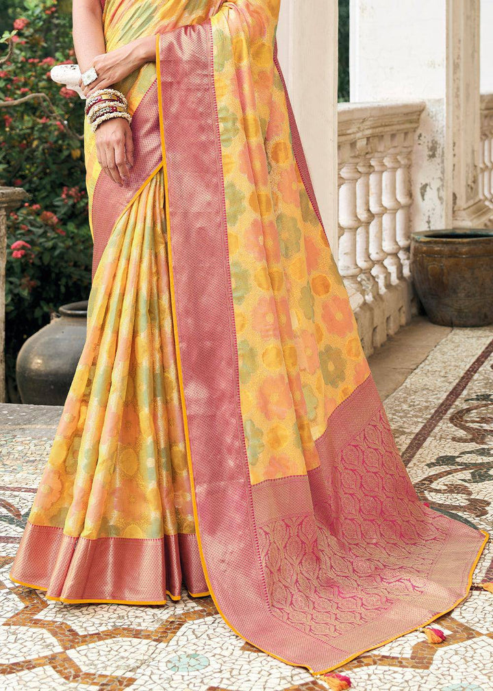 Shades Of Yellow Zari Woven Organza Silk Saree | Stitched Blouse - qivii