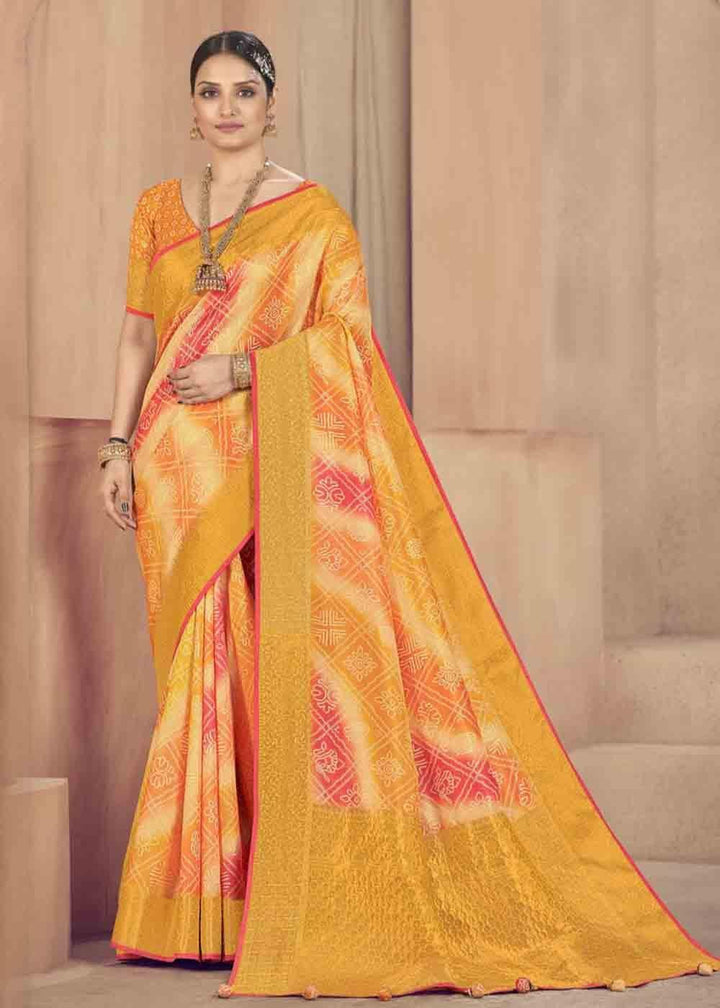 Shades Of Yellow Zari Woven Raw Silk Saree | Stitched Blouse - qivii