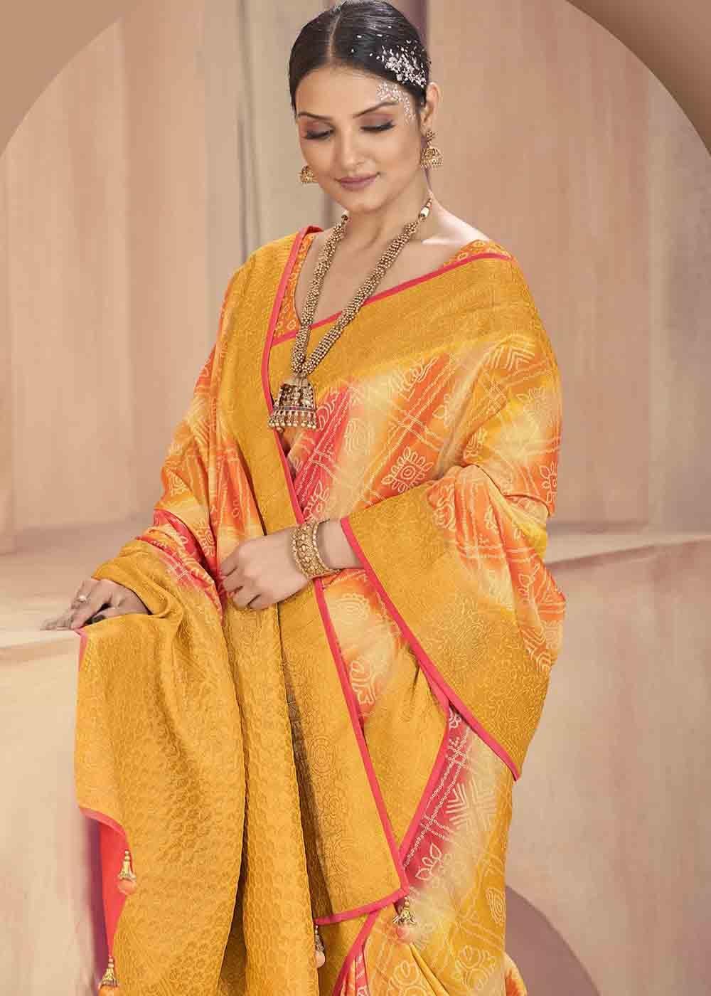 Shades Of Yellow Zari Woven Raw Silk Saree | Stitched Blouse - qivii