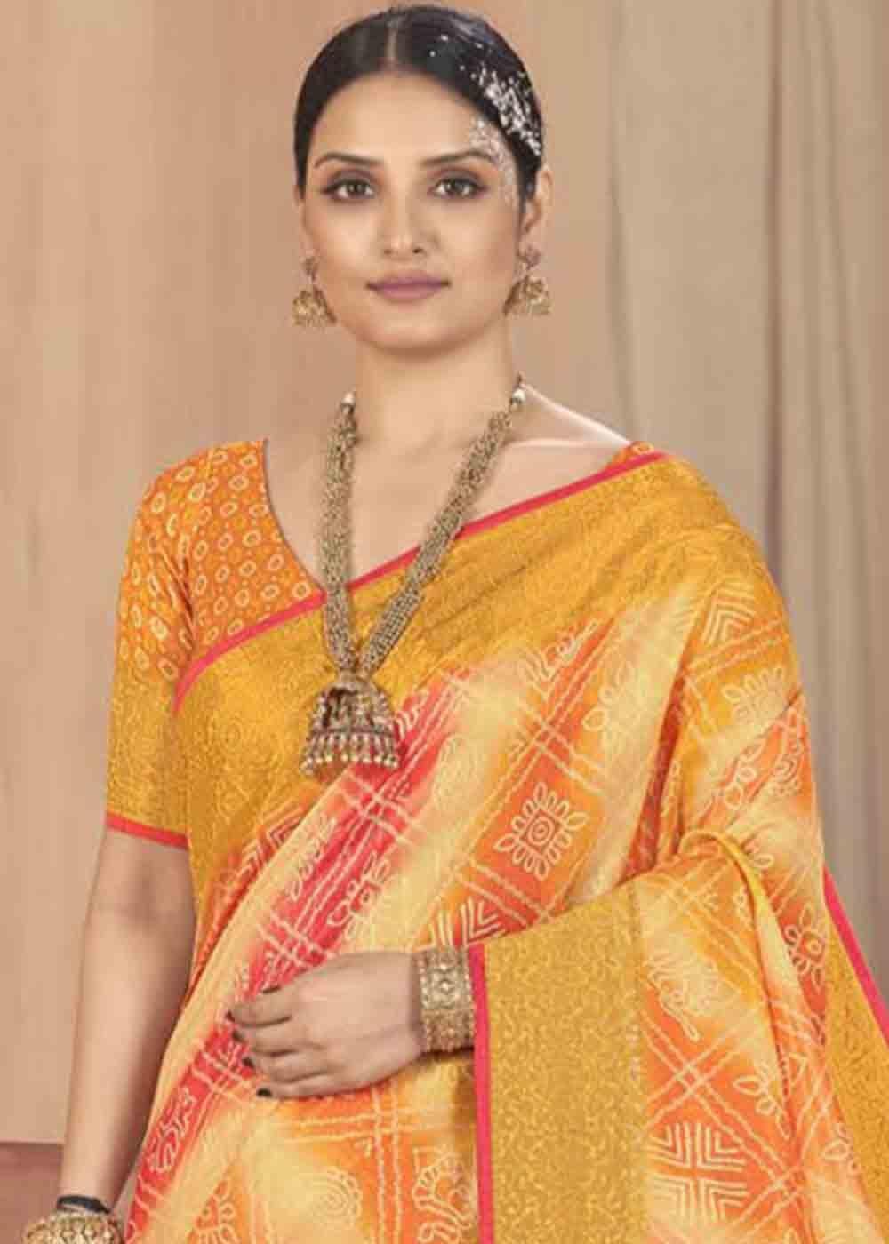 Shades Of Yellow Zari Woven Raw Silk Saree | Stitched Blouse - qivii