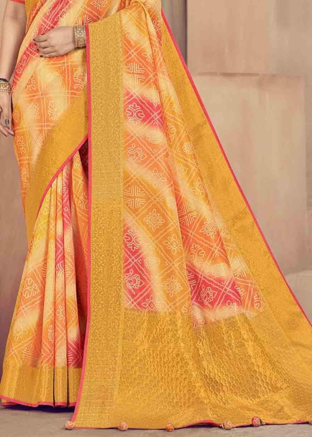 Shades Of Yellow Zari Woven Raw Silk Saree | Stitched Blouse - qivii