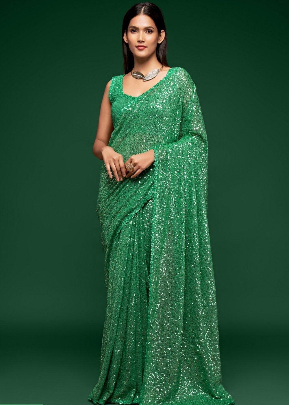 Shamrock Green Sequins & Thread Embroidered Designer Georgette Saree | Stitched Blouse - qivii