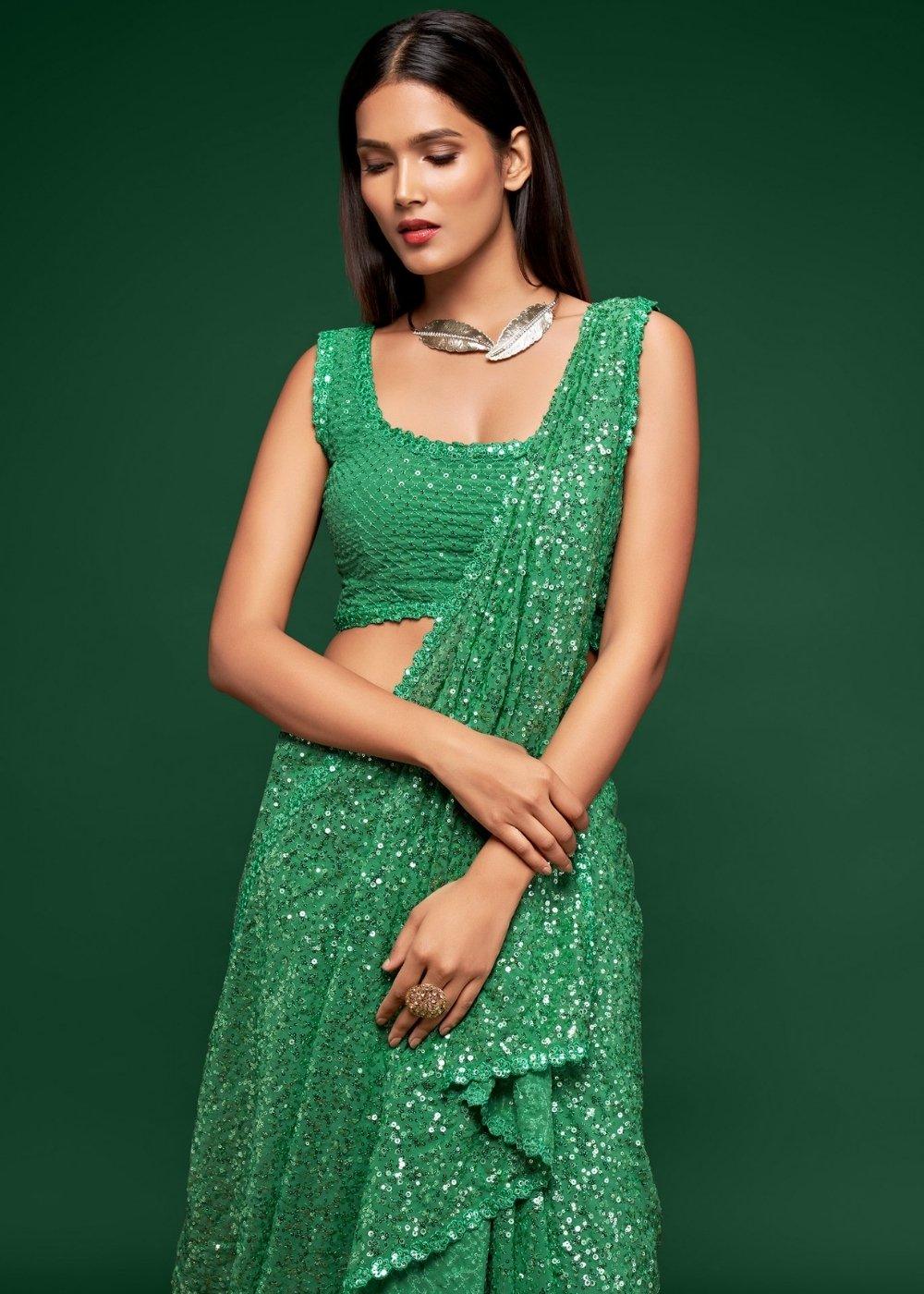 Shamrock Green Sequins & Thread Embroidered Designer Georgette Saree | Stitched Blouse - qivii