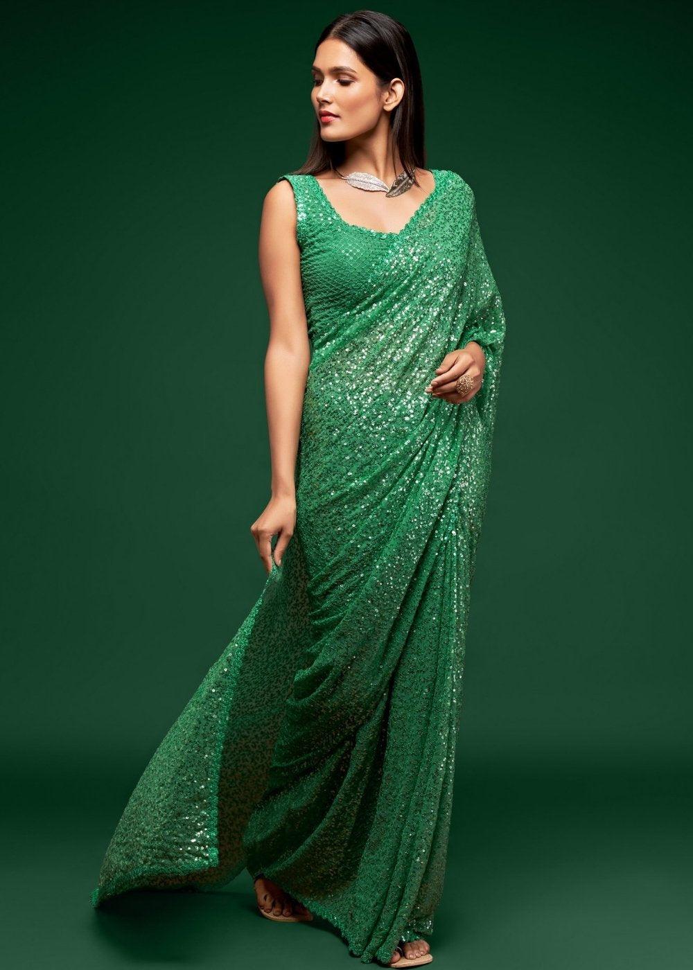 Shamrock Green Sequins & Thread Embroidered Designer Georgette Saree | Stitched Blouse - qivii