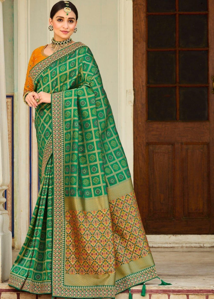 Shamrock Green Woven Banarasi Silk Saree with Embroidered Blouse | Stitched Blouse - qivii