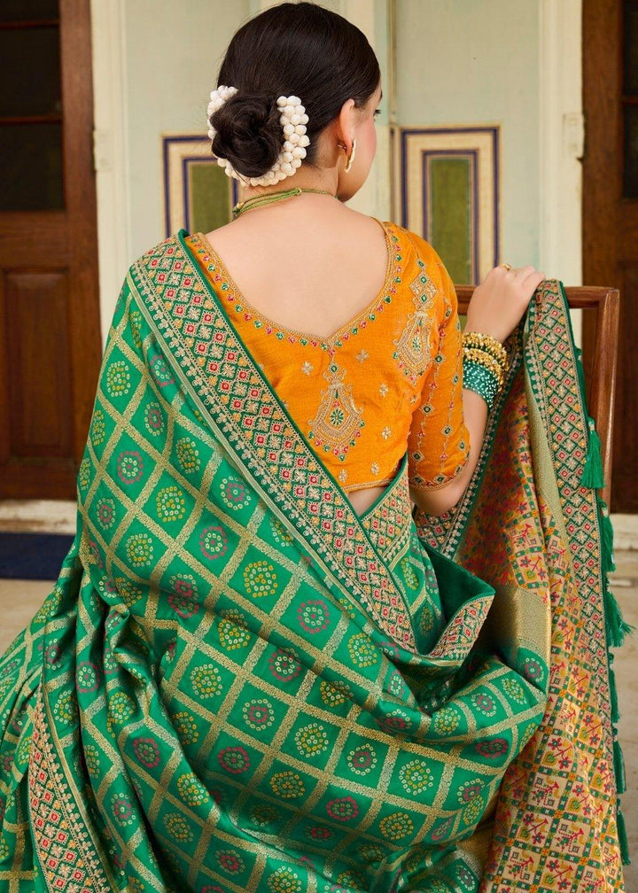 Shamrock Green Woven Banarasi Silk Saree with Embroidered Blouse | Stitched Blouse - qivii