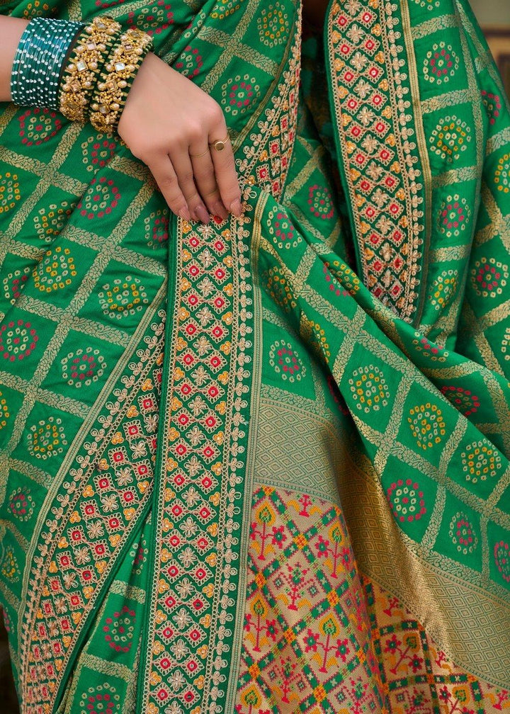 Shamrock Green Woven Banarasi Silk Saree with Embroidered Blouse | Stitched Blouse - qivii