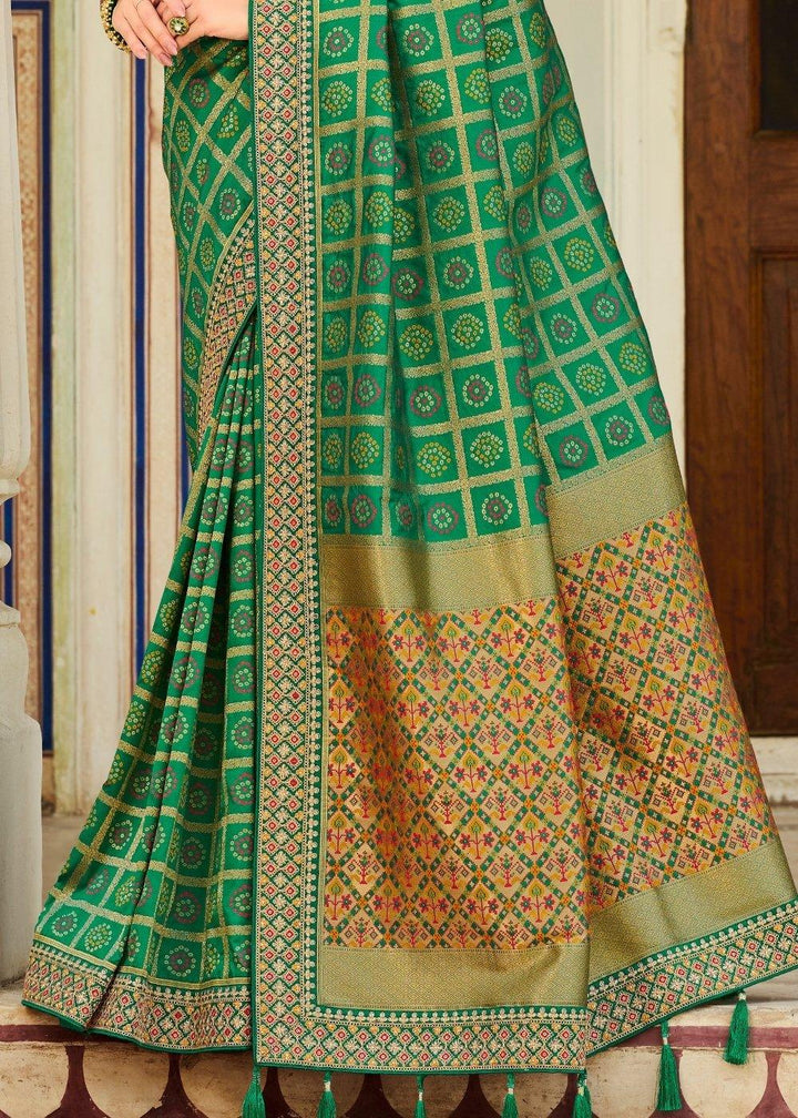 Shamrock Green Woven Banarasi Silk Saree with Embroidered Blouse | Stitched Blouse - qivii