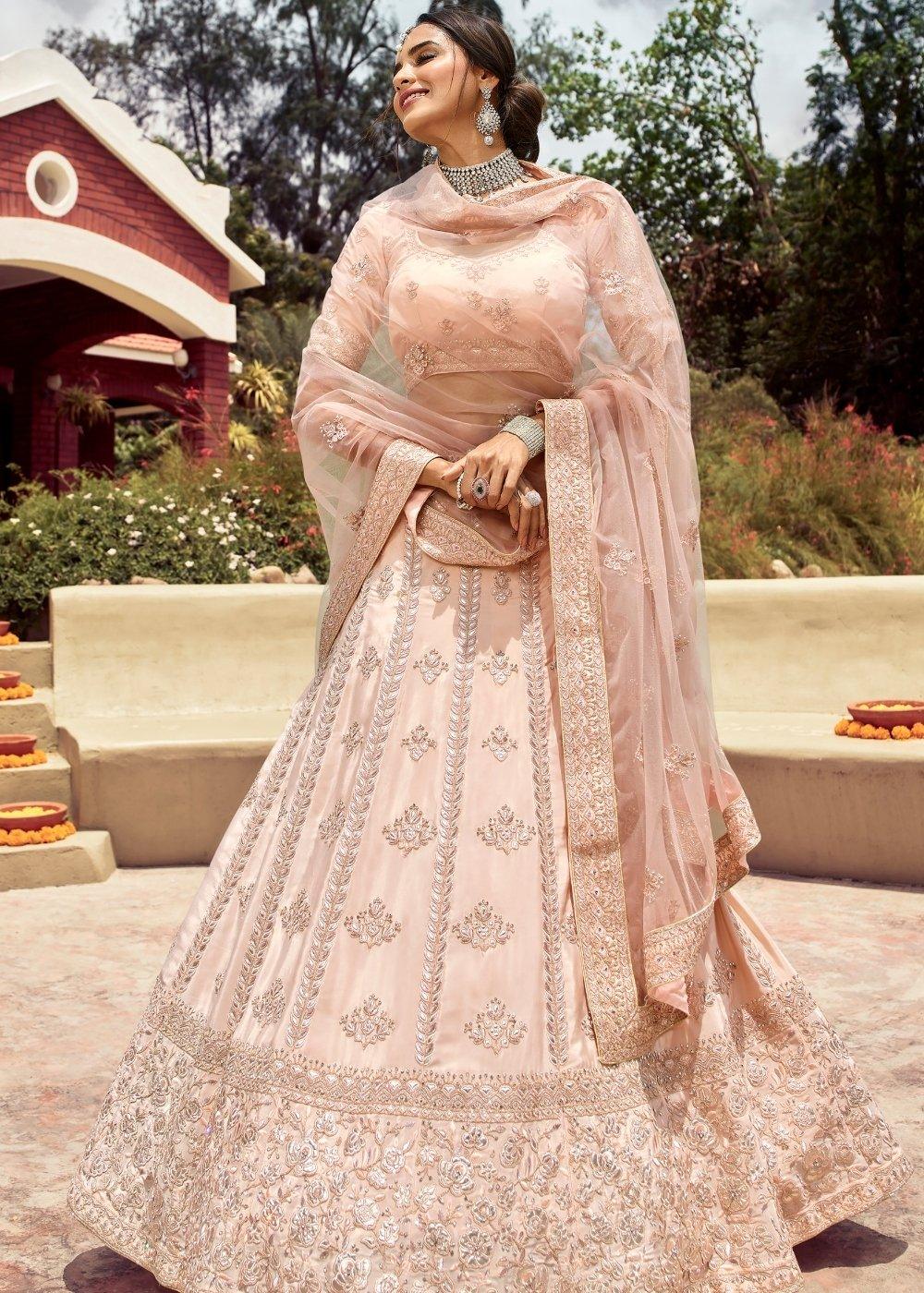 Shell Pink Crepe Lehenga Choli with Resham, Gota & Zarkan work - qivii