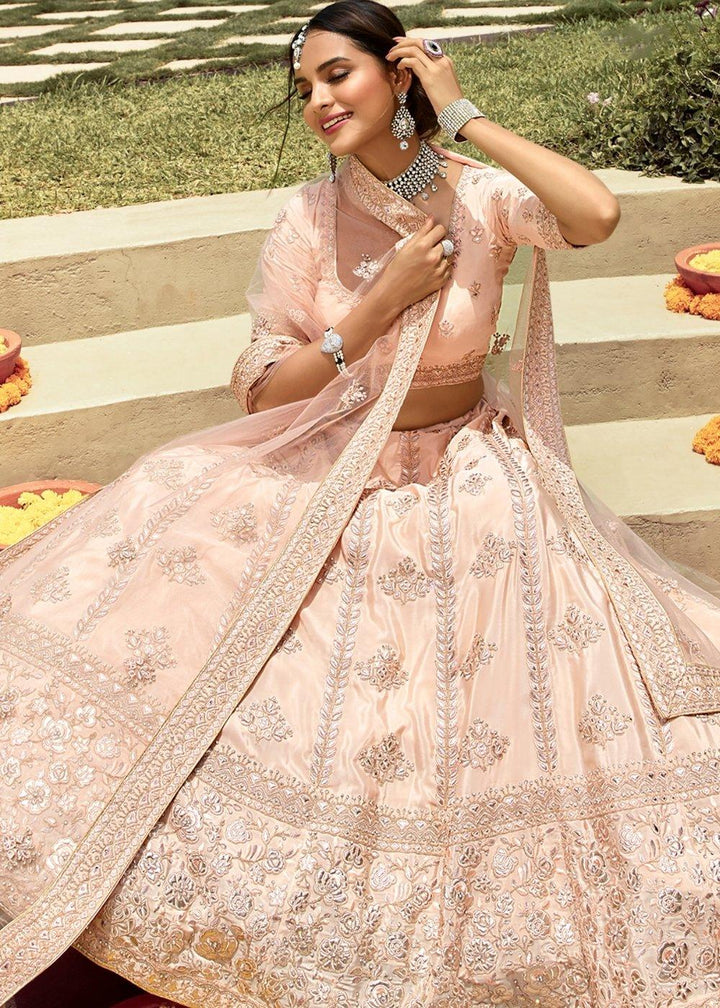 Shell Pink Crepe Lehenga Choli with Resham, Gota & Zarkan work - qivii