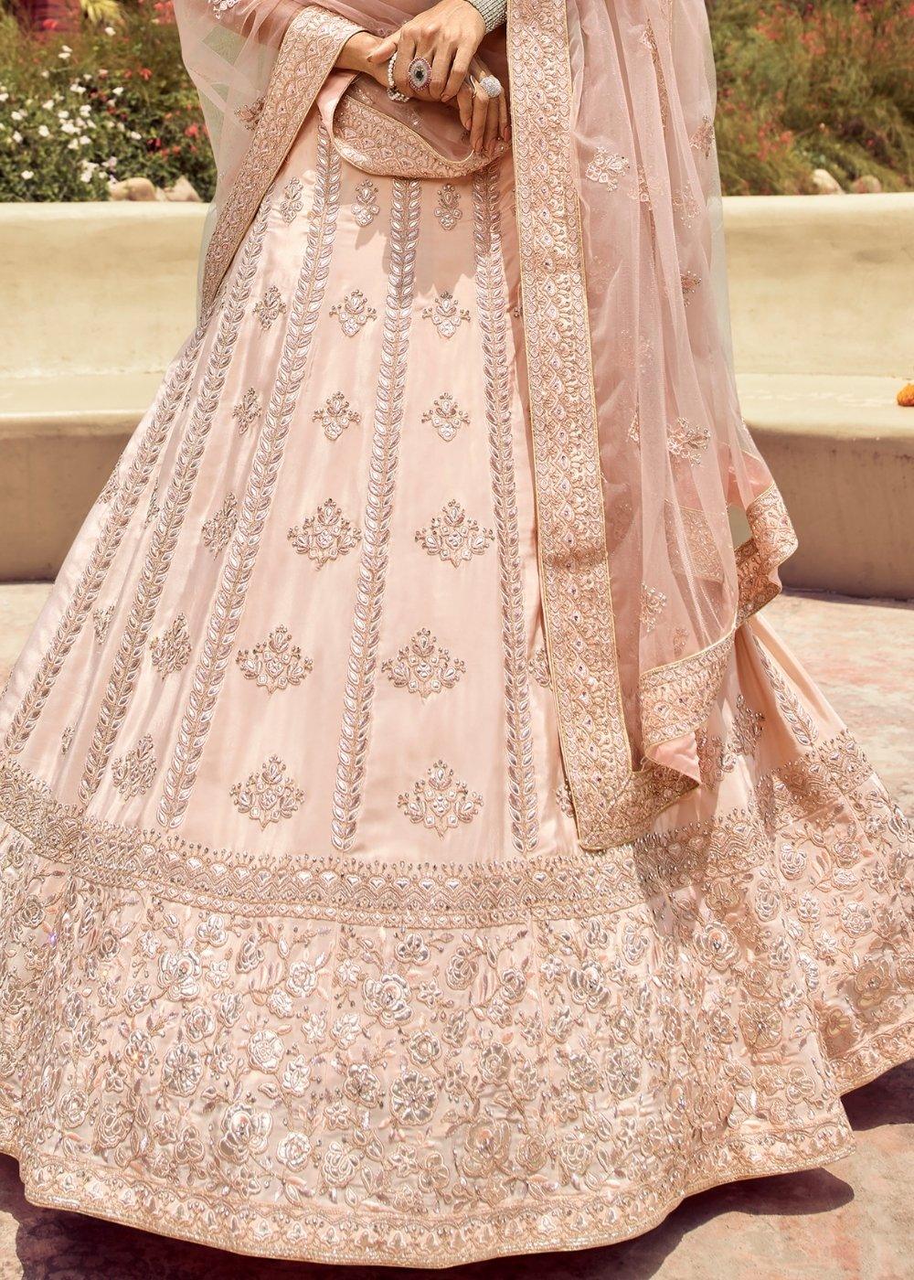 Shell Pink Crepe Lehenga Choli with Resham, Gota & Zarkan work - qivii