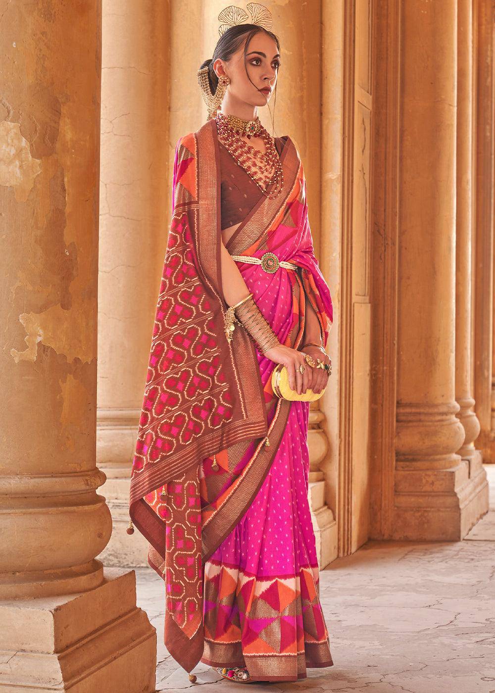 Shocking Pink Designer Printed Silk Saree with Contrast Blouse & Pallu | Stitched Blouse - qivii