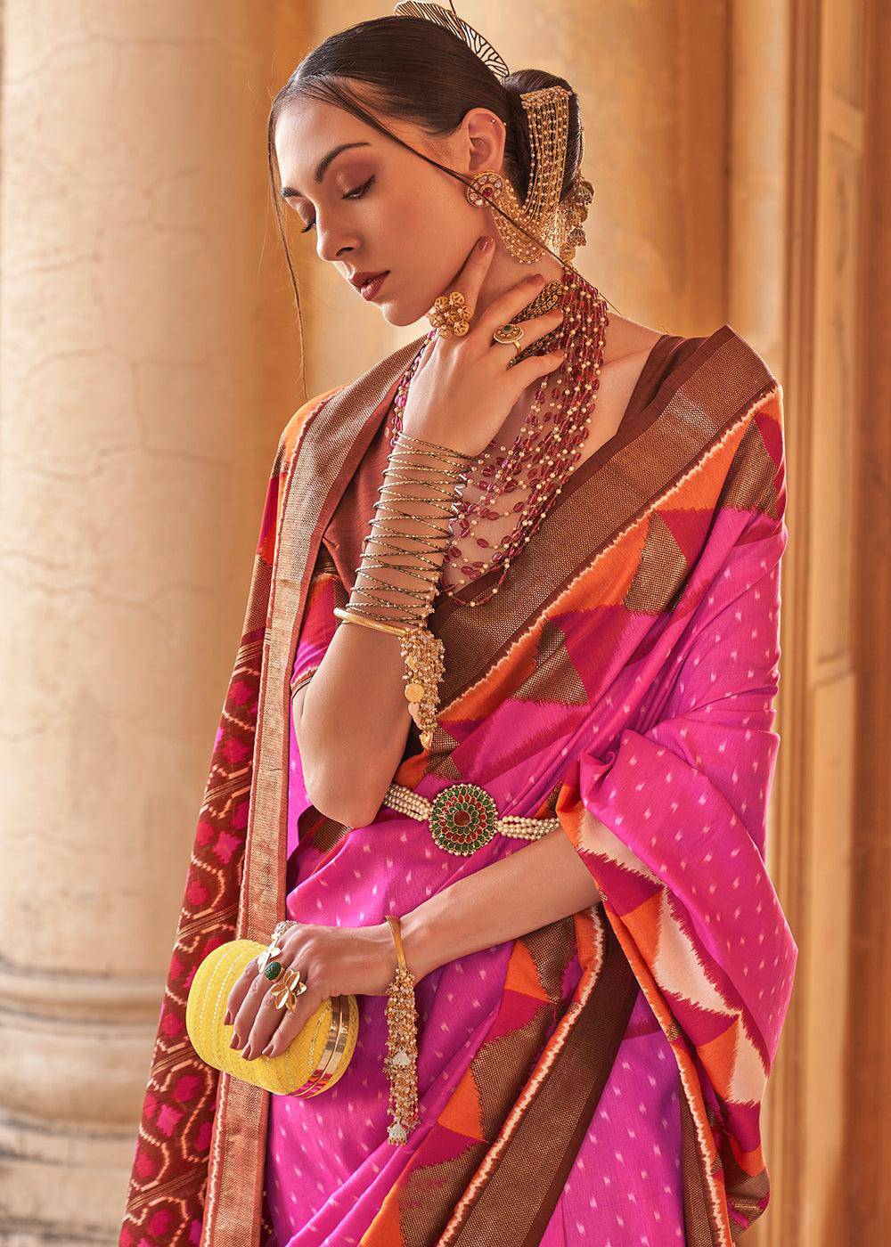 Shocking Pink Designer Printed Silk Saree with Contrast Blouse & Pallu | Stitched Blouse - qivii