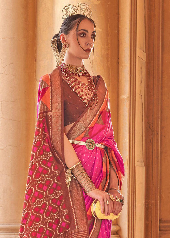 Shocking Pink Designer Printed Silk Saree with Contrast Blouse & Pallu | Stitched Blouse - qivii