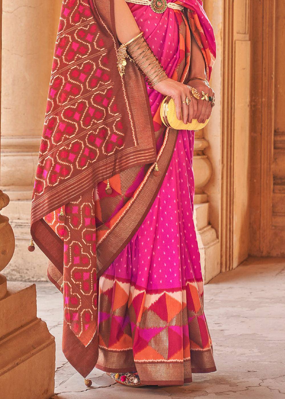 Shocking Pink Designer Printed Silk Saree with Contrast Blouse & Pallu | Stitched Blouse - qivii