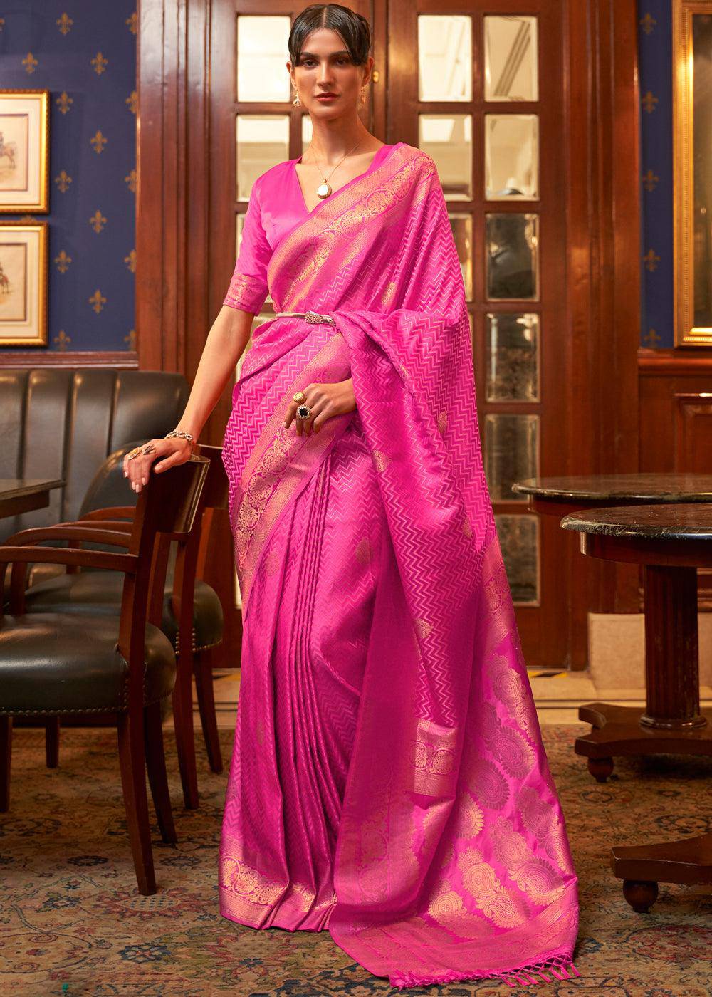 Shocking Pink Designer Satin Silk Saree | Stitched Blouse - qivii