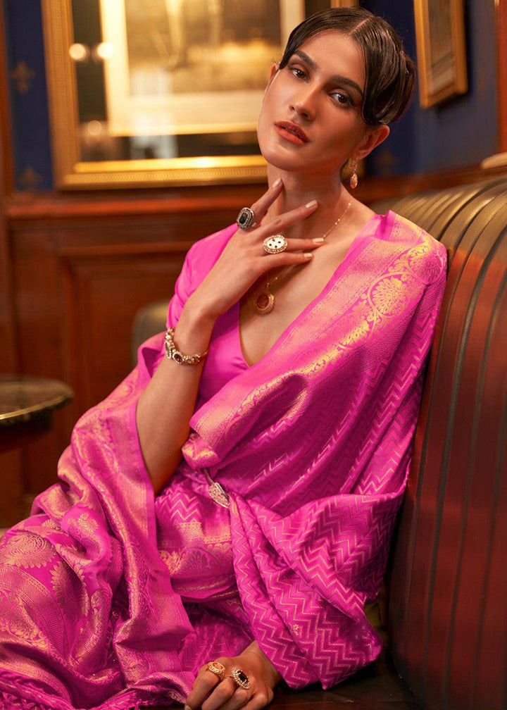 Shocking Pink Designer Satin Silk Saree | Stitched Blouse - qivii