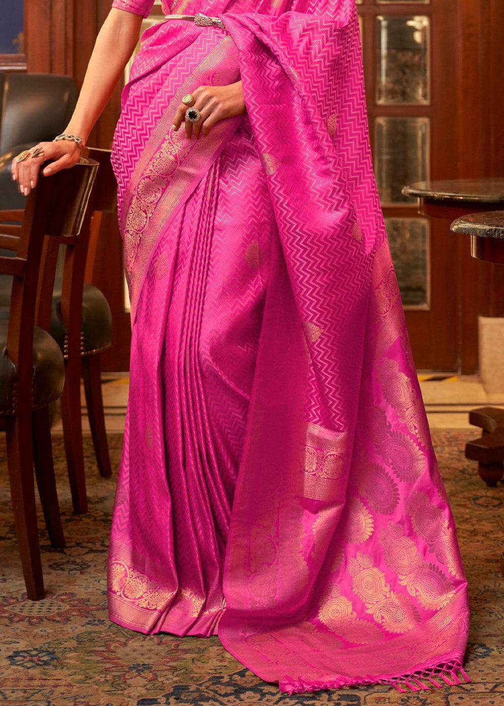 Shocking Pink Designer Satin Silk Saree | Stitched Blouse - qivii