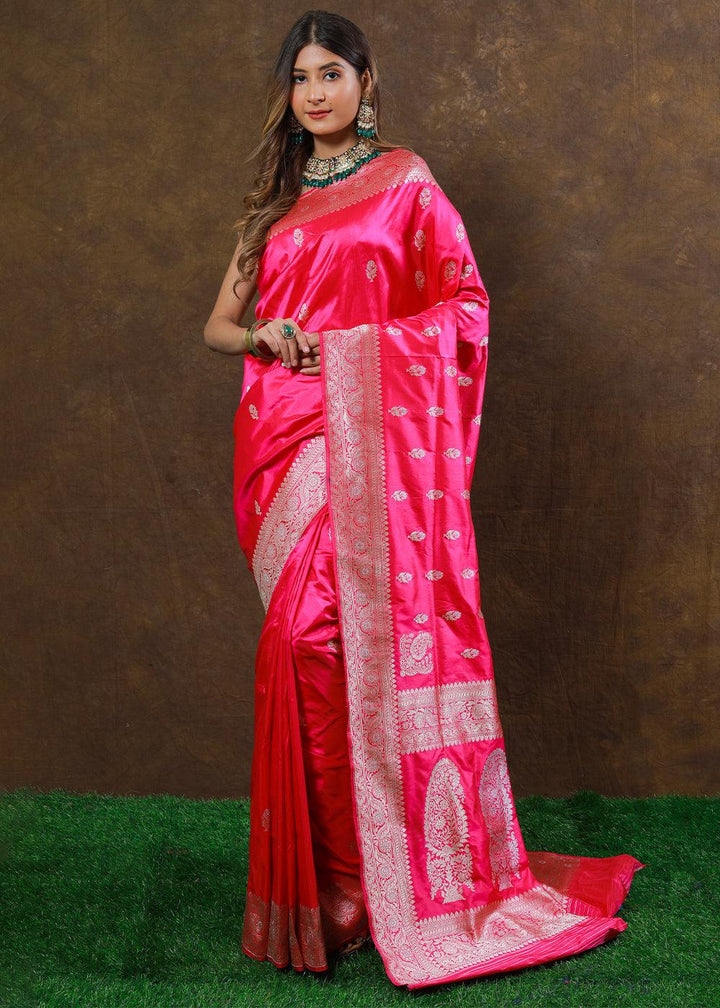 Shocking Pink Hand Woven Pure Katan Silk Saree | Stitched Blouse - qivii