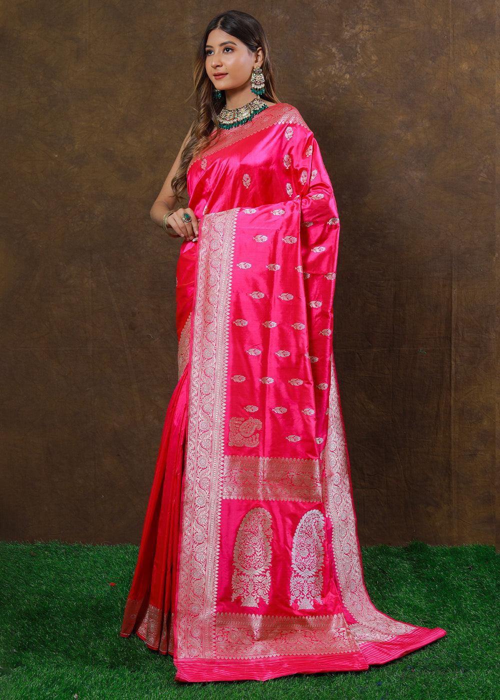 Shocking Pink Hand Woven Pure Katan Silk Saree | Stitched Blouse - qivii