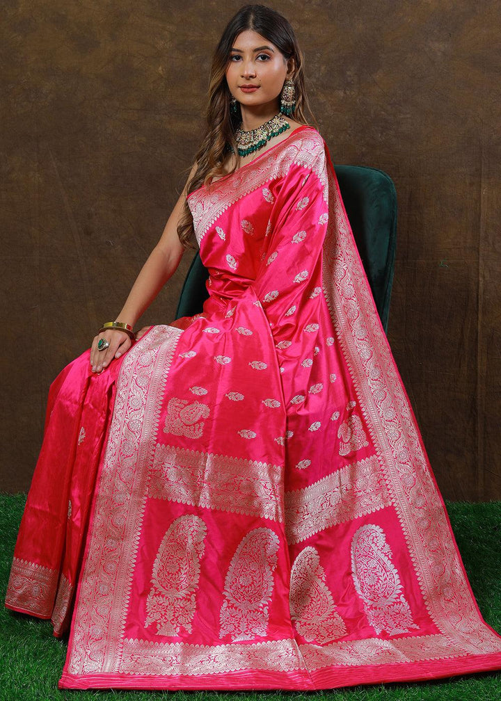 Shocking Pink Hand Woven Pure Katan Silk Saree | Stitched Blouse - qivii