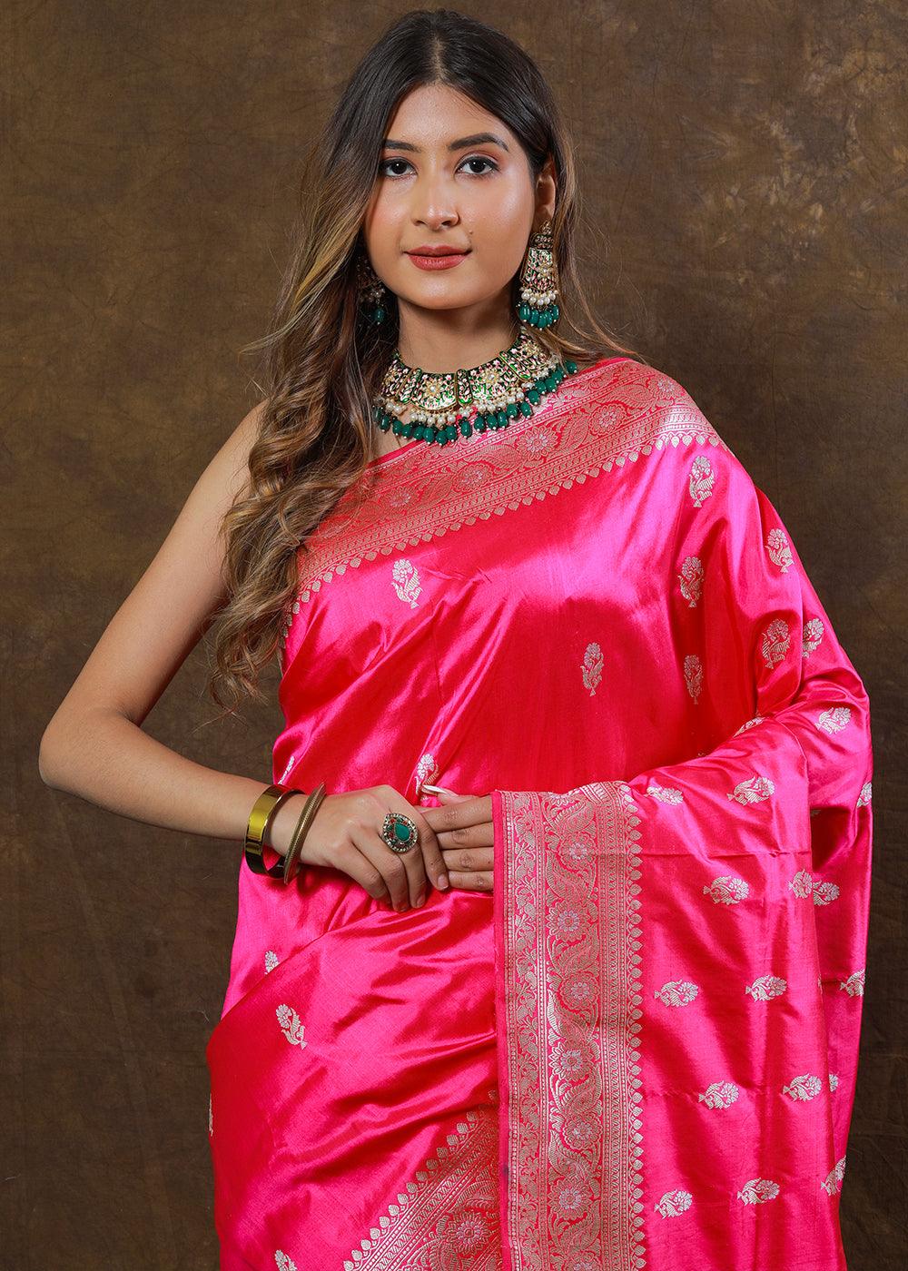 Shocking Pink Hand Woven Pure Katan Silk Saree | Stitched Blouse - qivii