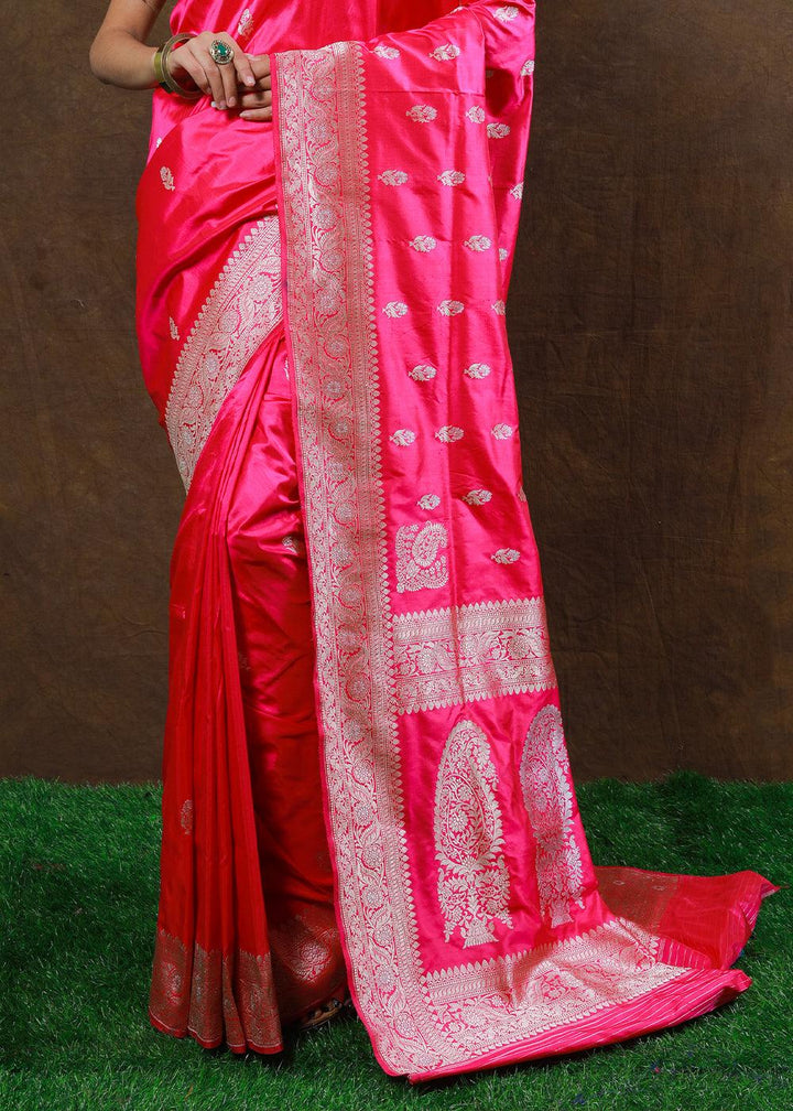 Shocking Pink Hand Woven Pure Katan Silk Saree | Stitched Blouse - qivii