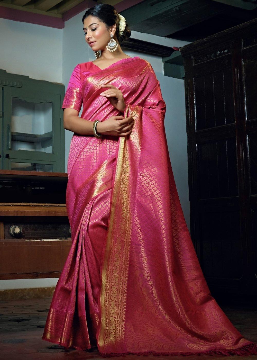 Shocking Pink Woven Kanjivaram Silk Saree | Stitched Blouse - qivii