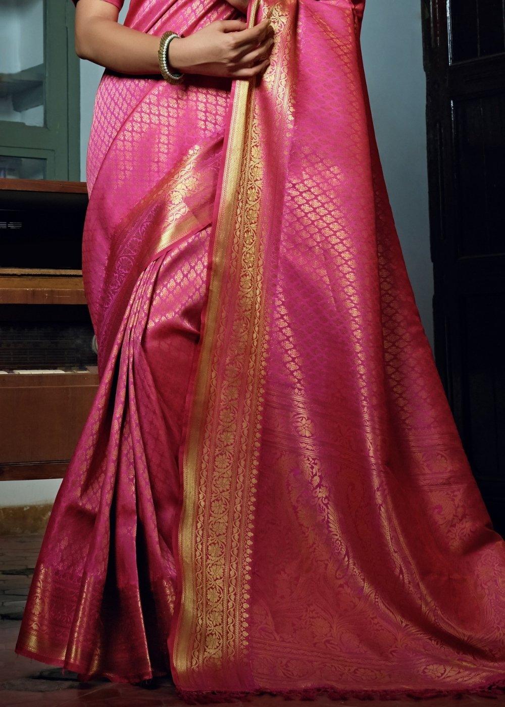 Shocking Pink Woven Kanjivaram Silk Saree | Stitched Blouse - qivii