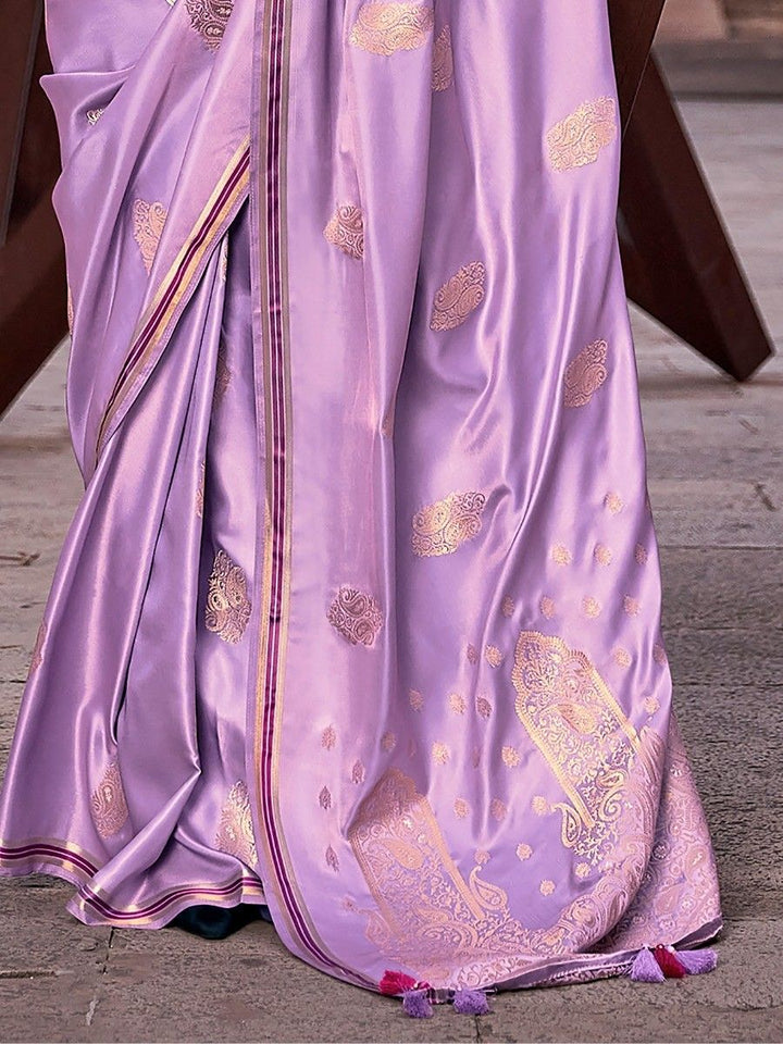 Lavender Woven Satin Silk Saree With Contrast Brocade Blouse