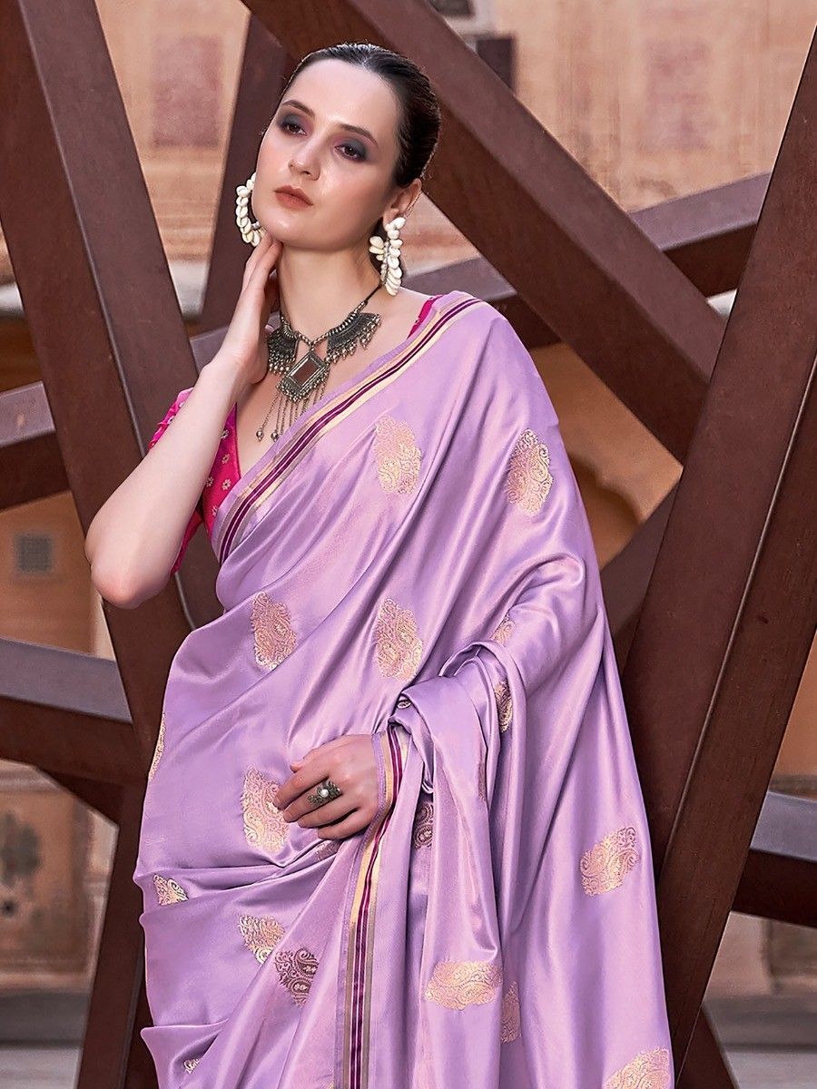 Lavender Woven Satin Silk Saree With Contrast Brocade Blouse