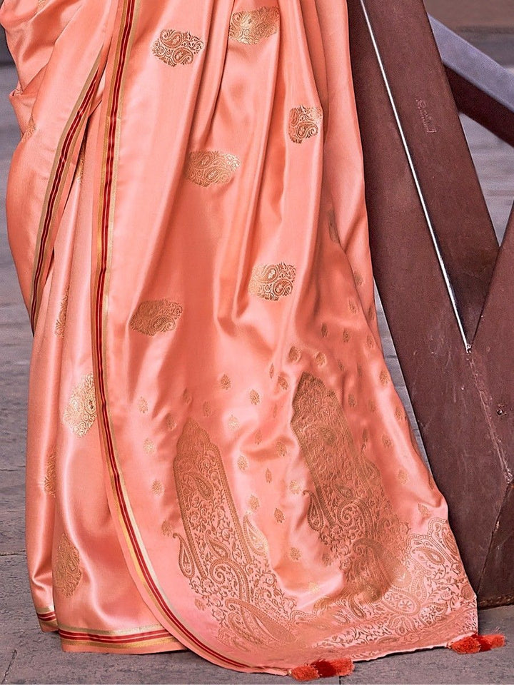 Peach Woven Satin Silk Saree With Contrast Brocade Blouse