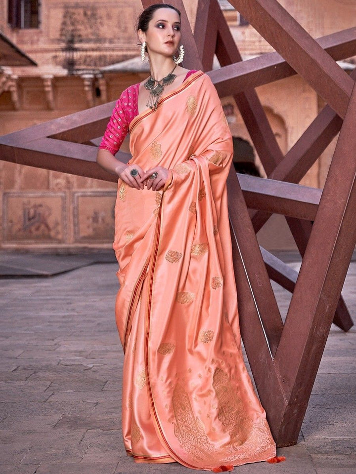 Peach Woven Satin Silk Saree With Contrast Brocade Blouse