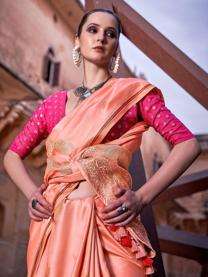 Peach Woven Satin Silk Saree With Contrast Brocade Blouse