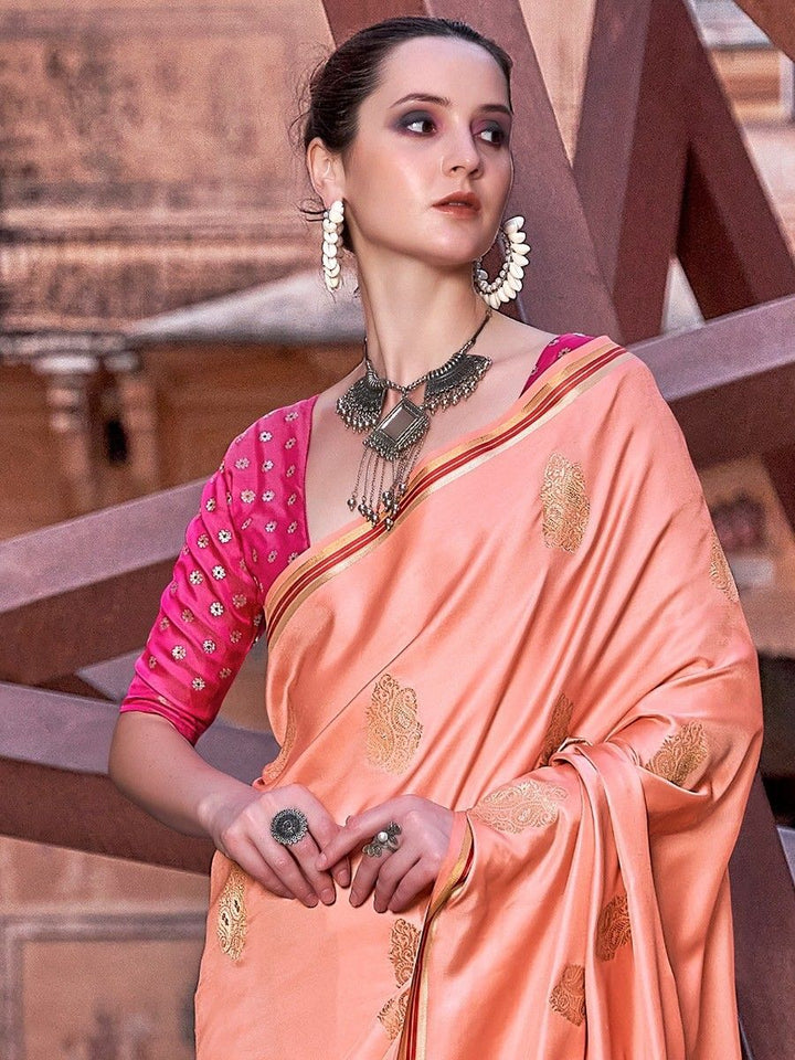 Peach Woven Satin Silk Saree With Contrast Brocade Blouse